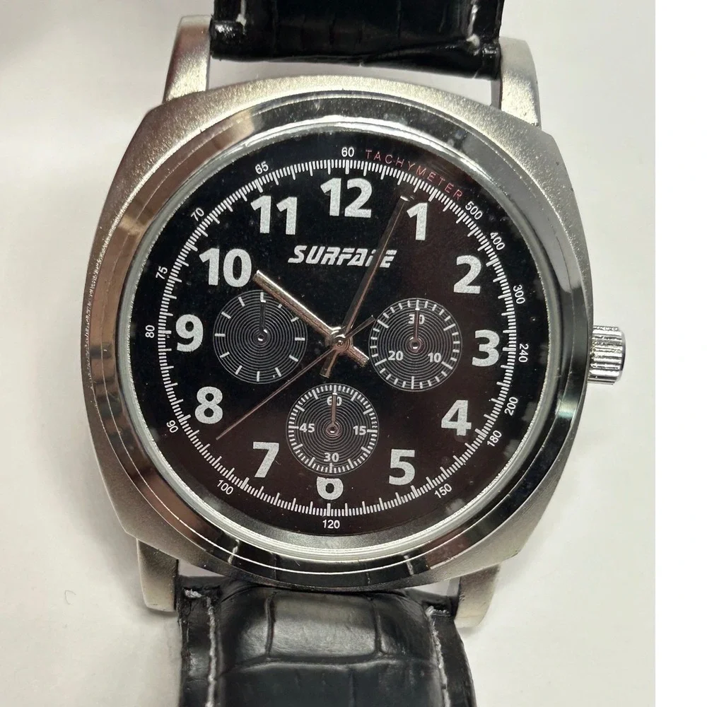 Surface Men's‎ Watch & Pocket Watch Set Black Leather Band Tachymeter Cross New